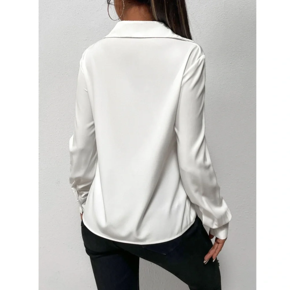 Twist Front White Office Shirt Long Sleeve Collar Neckline V-Neck - Picture 2 of 10